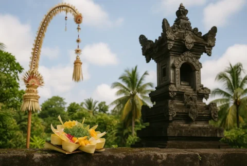 A Balinese penjor and stone temple shrine with an offering tray, photographed during Galungan celebration.