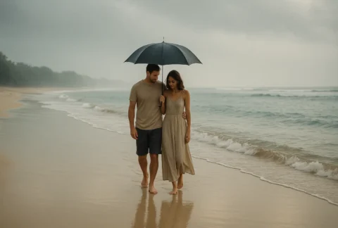 Couple walking under an umbrella on a rainy day at Nusa Dua beach Bali