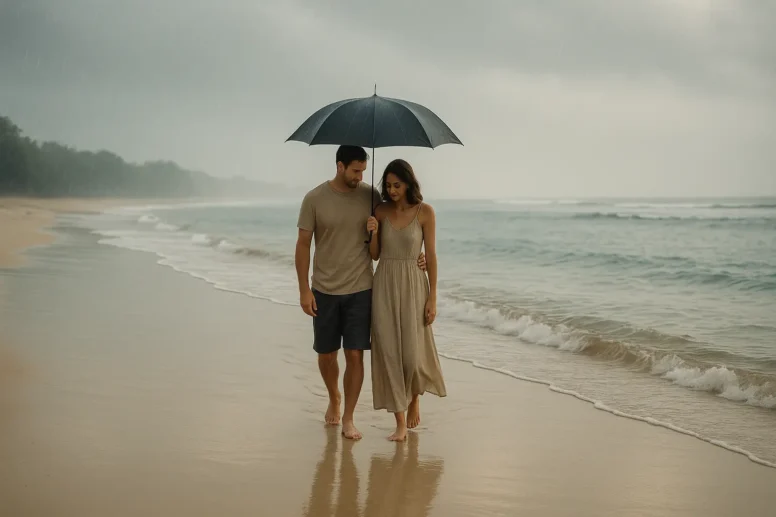 Couple walking under an umbrella on a rainy day at Nusa Dua beach Bali