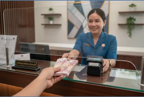 A professional and authorized money changer counter in Nusa Dua with a modern interior, featuring a transparent glass partition and a staff member serving a customer safely.