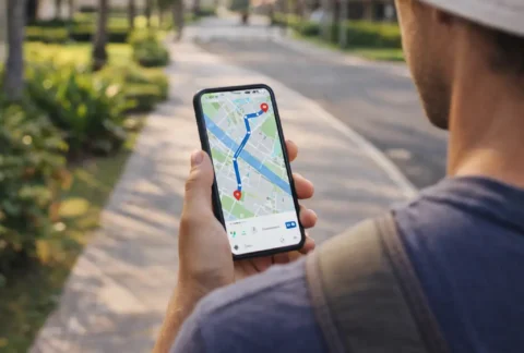 Tourist using Google Maps for navigation in Nusa Dua, Bali
