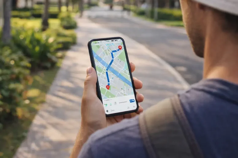 Tourist using Google Maps for navigation in Nusa Dua, Bali