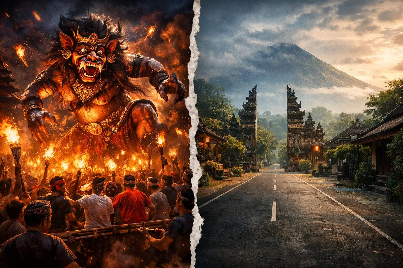 Nyepi in Bali – Ogoh Ogoh Festival and Day of Silence Nyepi in Bali showing Ogoh Ogoh festival before the Day of Silence and the quiet streets during Nyepi