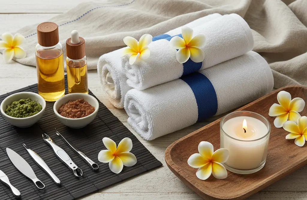 Rolled white towels, massage oils, and a lit candle prepared for a spa treatment at Nusa Dua Spa by Lily Treatment