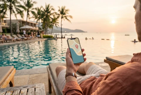 A hotel guest by a beachfront pool in Nusa Dua checking phone directions to a nearby spa, with coconut palm trees in the background