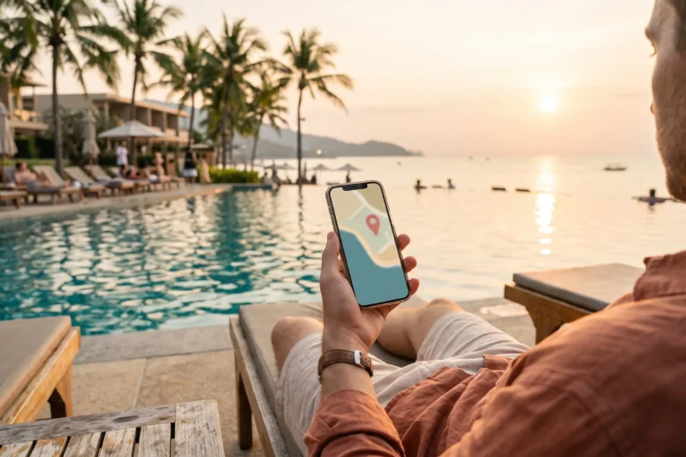A hotel guest by a beachfront pool in Nusa Dua checking phone directions to a nearby spa, with coconut palm trees in the background