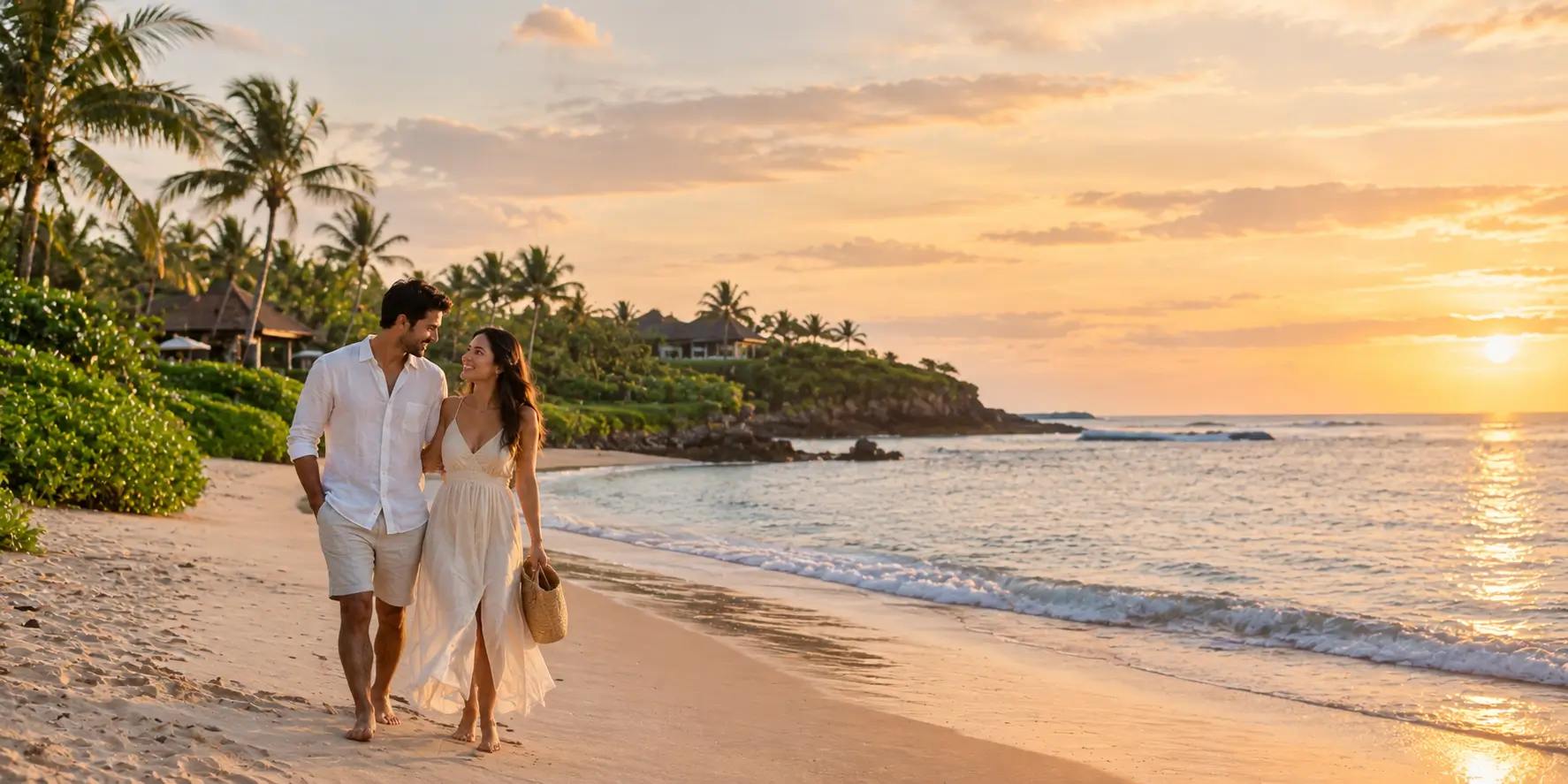 Honeymoon couple walking along a Nusa Dua beach at sunset