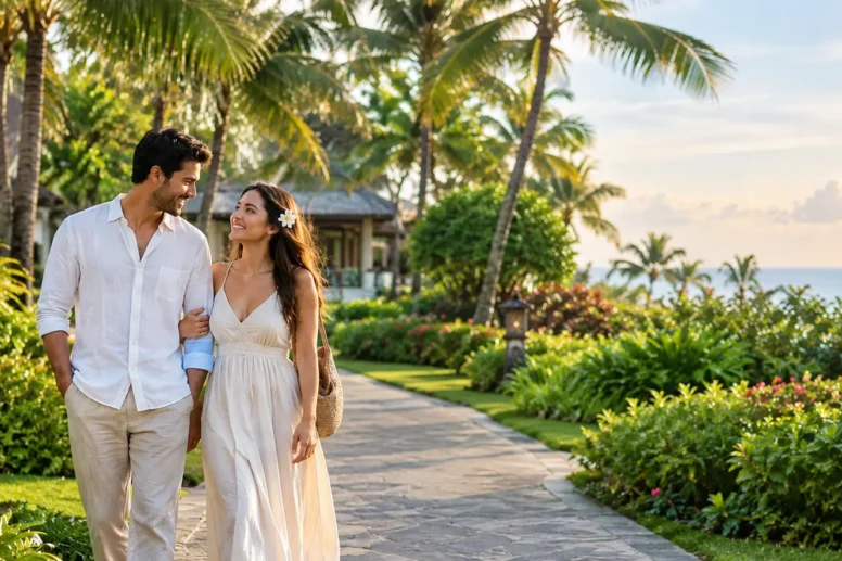 Honeymoon couple walking along a tropical resort garden path in Nusa Dua.