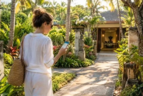 Hotel guest checking her phone while walking up to a spa entrance within walking distance in Nusa Dua
