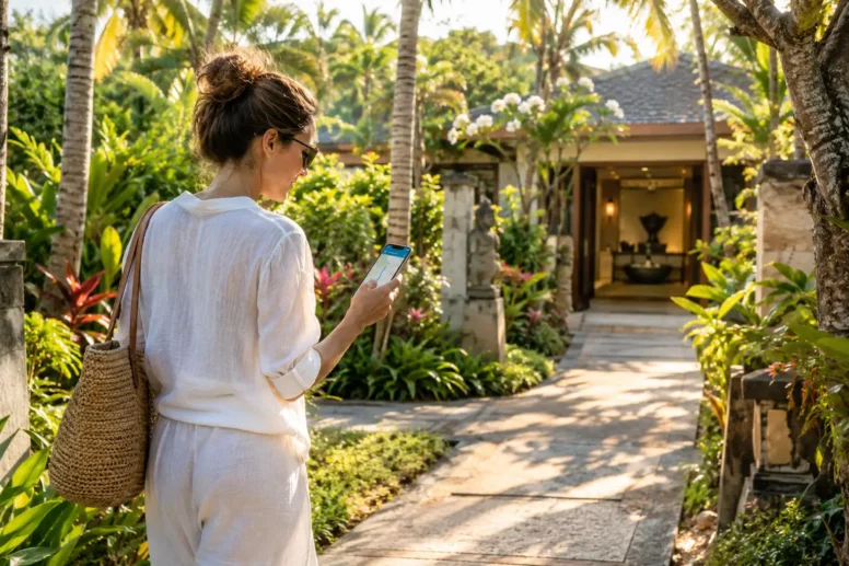 Hotel guest checking her phone while walking up to a spa entrance within walking distance in Nusa Dua