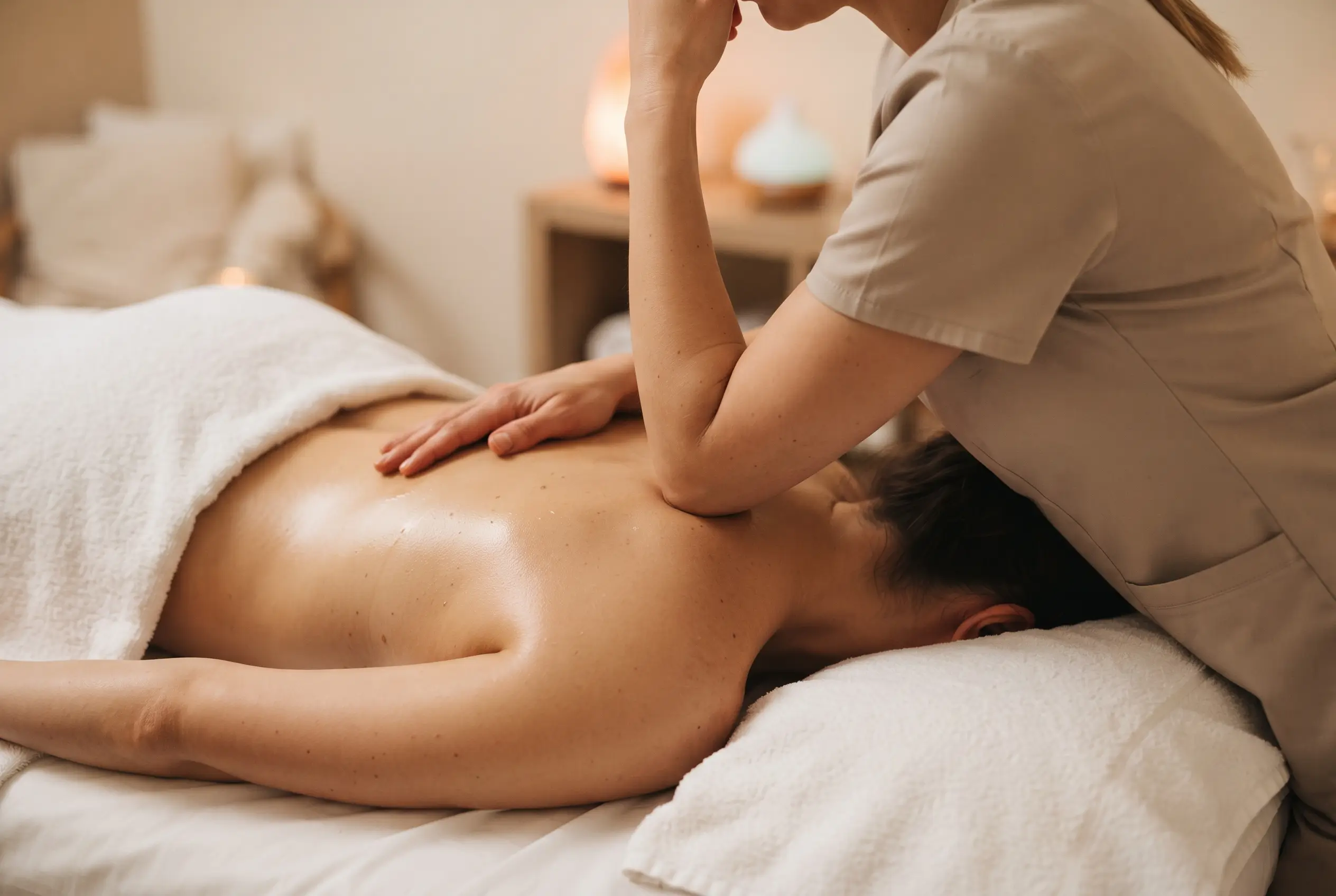 Deep tissue massage with elbow pressure in Nusa Dua Therapist using her elbow for firm deep tissue pressure beside the shoulder blade while her other hand steadies the back