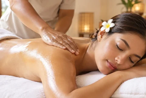 Woman relaxing face down during a Balinese massage, therapist using flat palm pressure on her upper back
