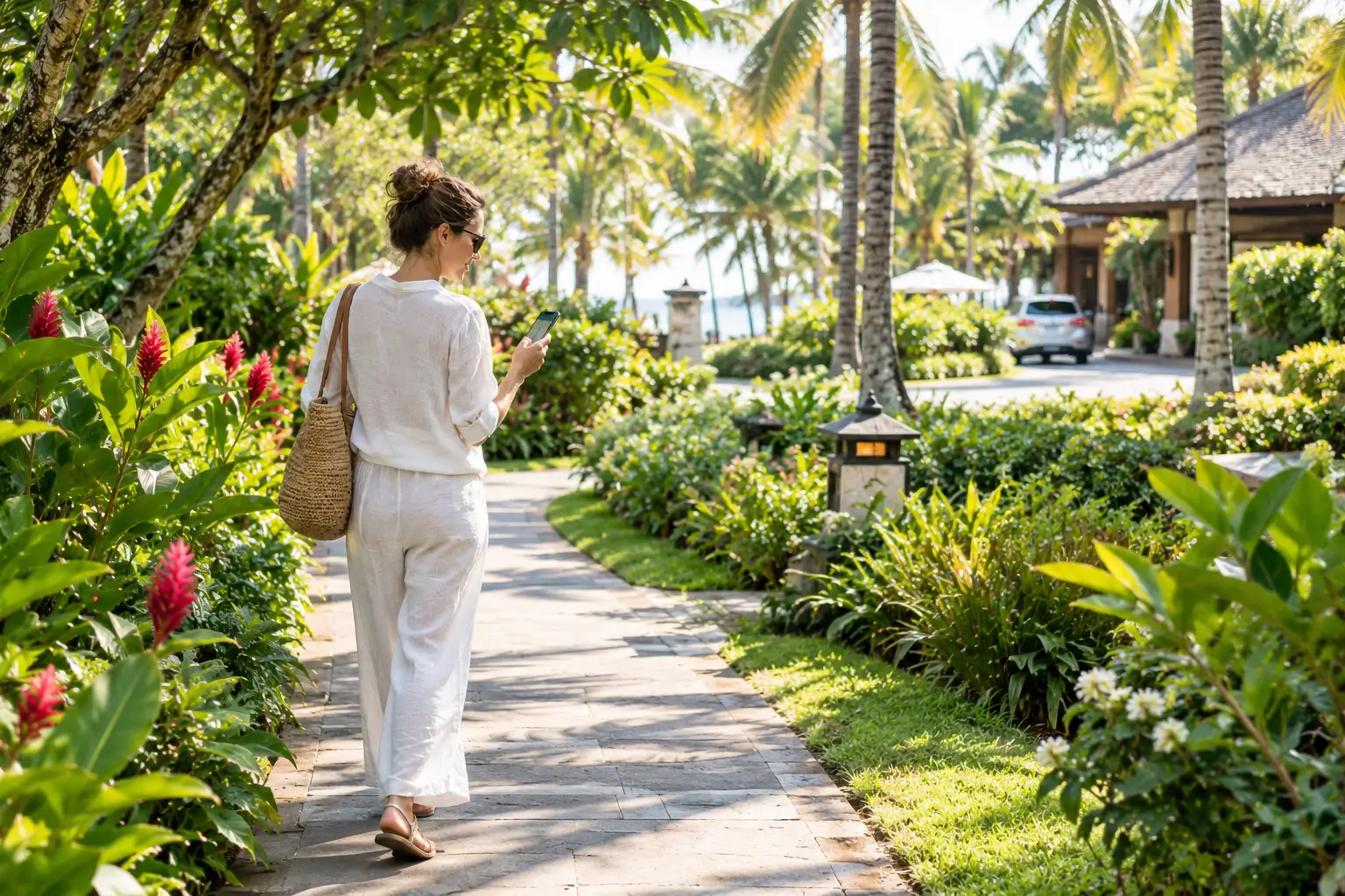 Woman walking a shaded garden path between hotels near Nusa Dua, Bali